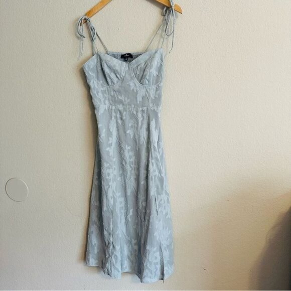 Lulus Loveliest Looks Dusty Blue Floral Jacquard Tie-Strap Midi Dress Size Large - Picture 2 of 10